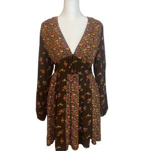 Women Babydoll Fairy Grunge Dress Sz M Brown Boho Floral Festival Cottagecore